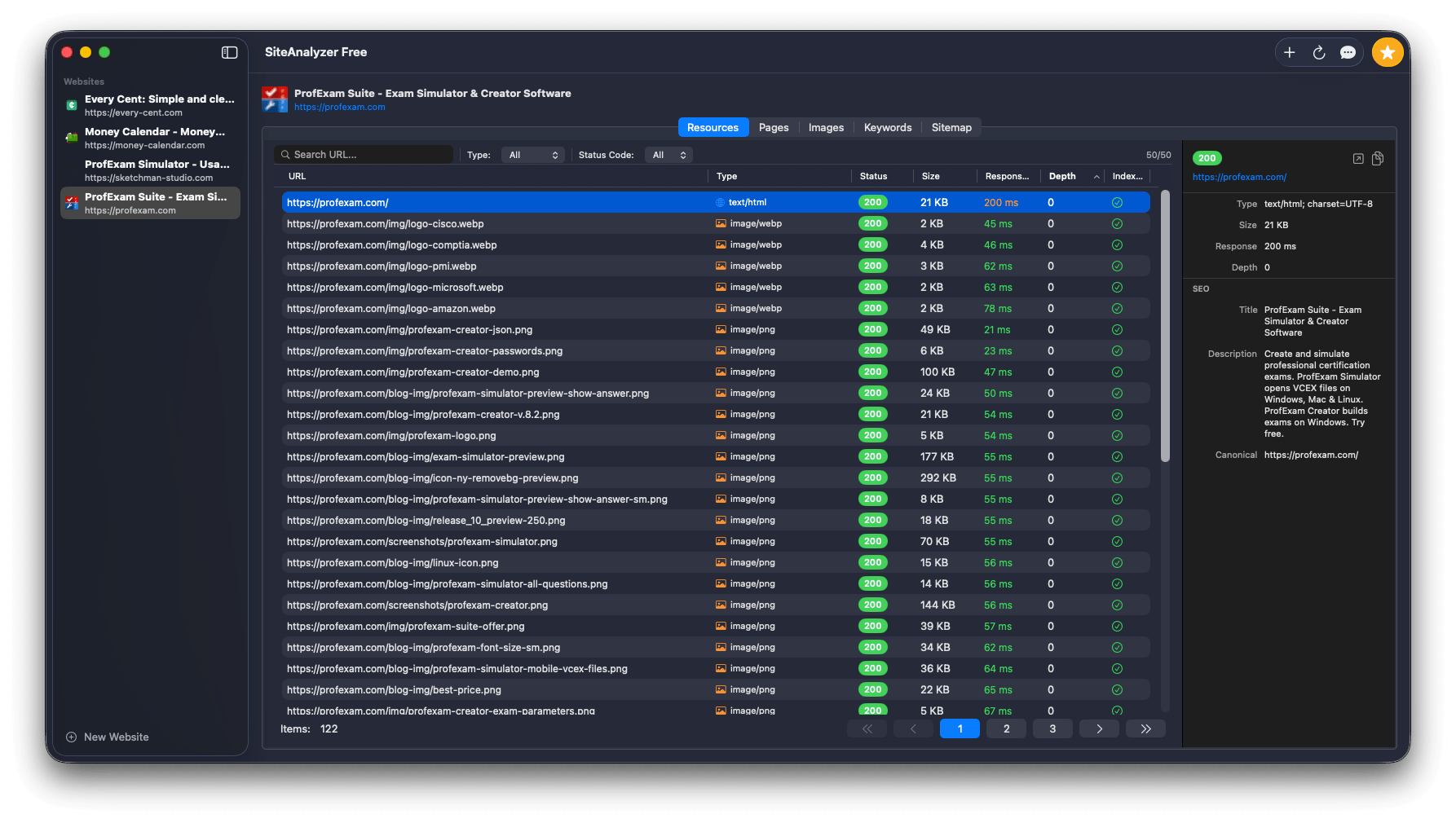 SiteAnalyzer - Resources tab showing crawled URLs with status codes, response times, and redirect chains