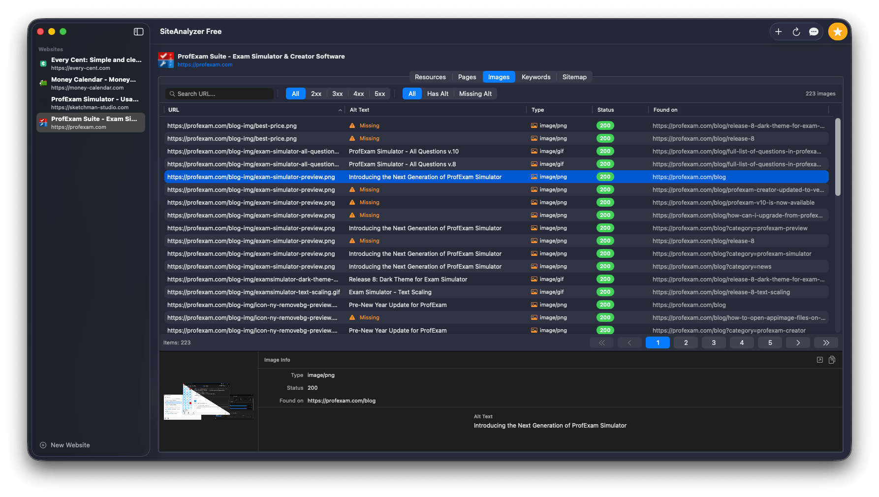 SiteAnalyzer - Images tab listing all found images with alt text status and file size