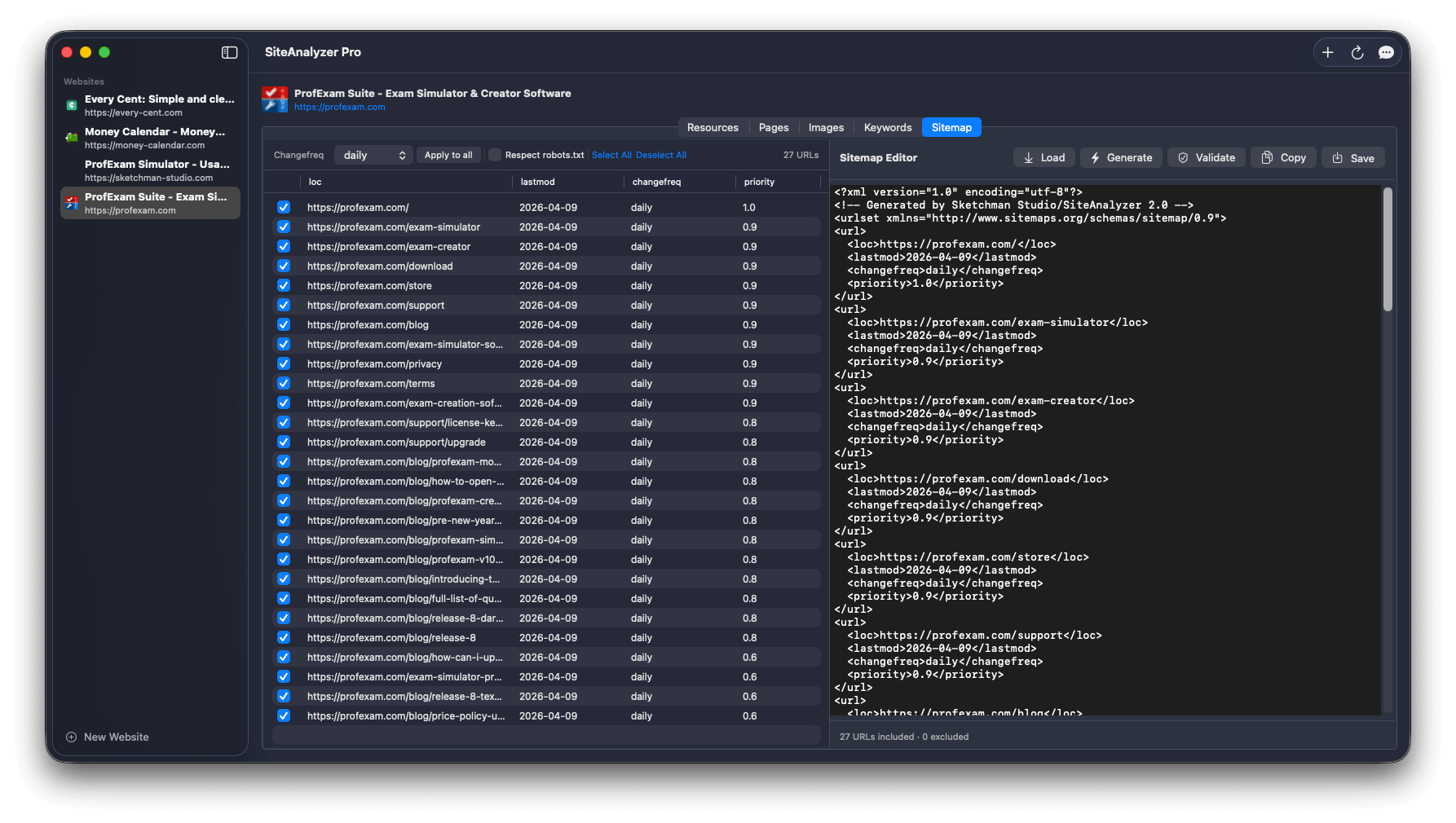 SiteAnalyzer - Sitemap generator with XML preview, changefreq and priority settings, and URL exclusion options